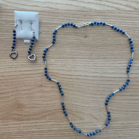 Blue Jade Round Gem Silver Necklace and Earring set - Picture 1 of 3
